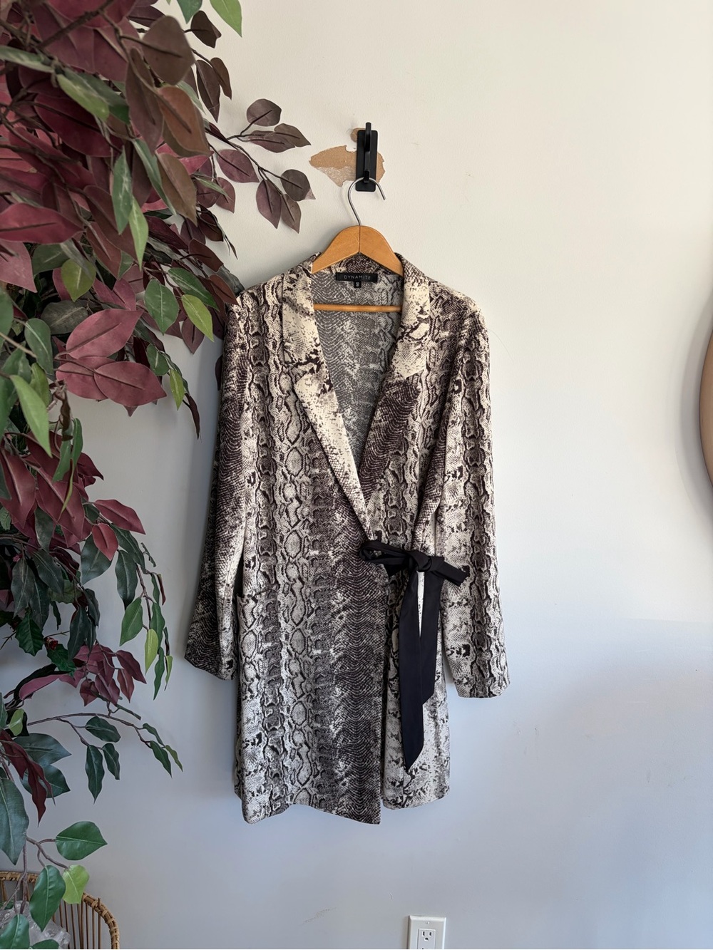 Dynamite Gray Snake-Print Long Sleeve Wrap Dress with Tie Waist